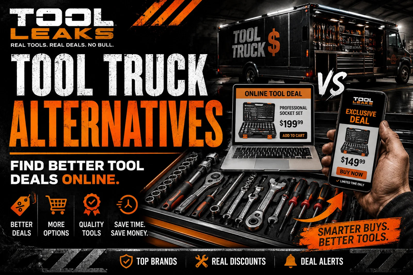 Mechanic tool discounts graphic showing a mechanic holding cash over an organized toolbox with sockets, ratchets, wrenches, and Tool Leaks branding.