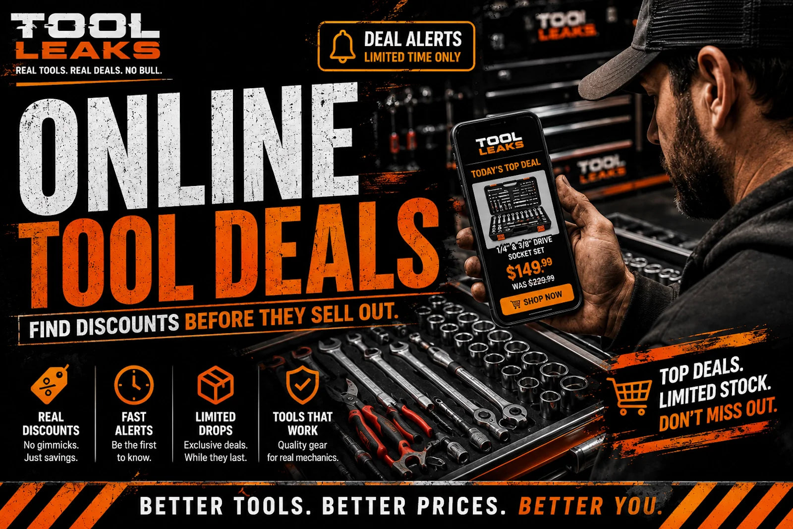 Online tool deals for mechanics showing a mechanic checking Tool Leaks deal alerts on a phone above an organized toolbox with sockets, wrenches, ratchets, and pliers.