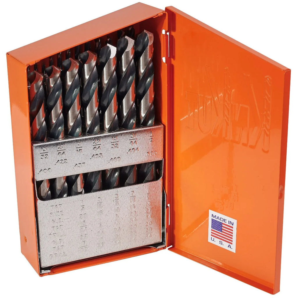 KnKut 29 Piece Jobber Length Drill Bit Set 1/16"-1/2" by 64ths 3/8" Reduced Shank