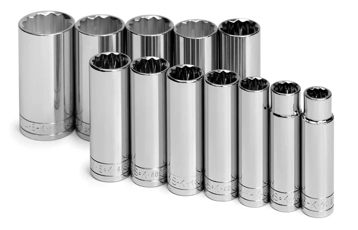 SK 12-Piece 1/2" Drive Deep 12 Point SAE Chrome Socket Set