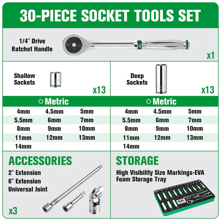 SK 30-Piece 1/4" Drive Chrome Socket Set