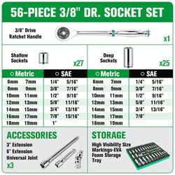 SK 57-Piece 3/8" Drive Ratchet & Chrome Socket Set