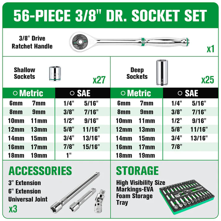 SK 57-Piece 3/8" Drive Ratchet & Chrome Socket Set