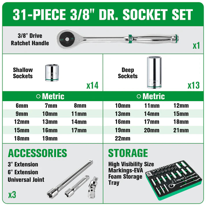 SK 31-Piece 3/8" Drive Ratchet & Chrome Socket Set