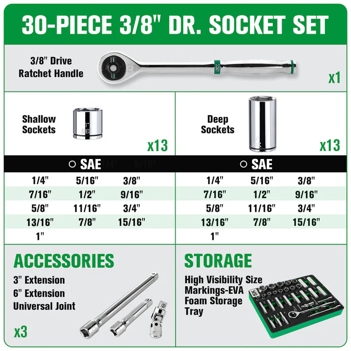 SK 30-Piece 3/8" Drive SAE Chrome Socket Set