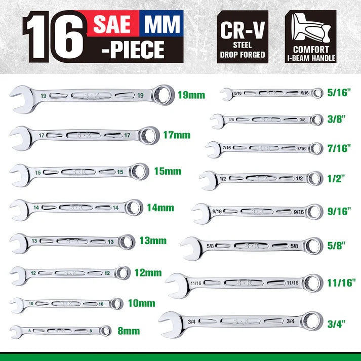 SK 16-Piece SAE/Metric Combination Wrench Set