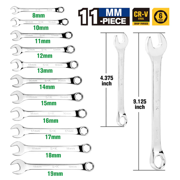 SK 11-Piece Metric Combination Wrench Set