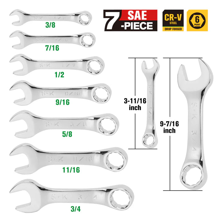 SK 7-Piece SAE Short Combination Wrench Set