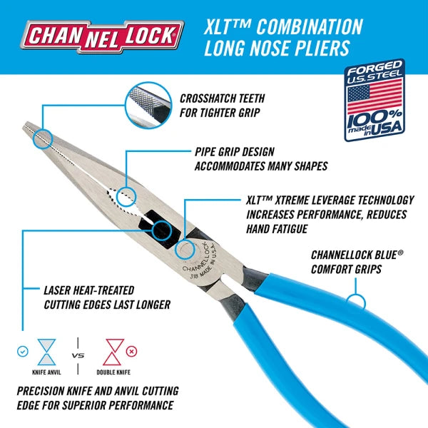 CHANNELLOCK 8" HL Long Nose Pliers, 1000V Insulated