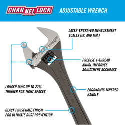 CHANNELLOCK 10" Wide Adjustable Wrench, Black Phosphate