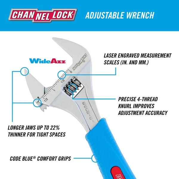 CHANNELLOCK 12" CODE BLUE Wide Adjustable Wrench