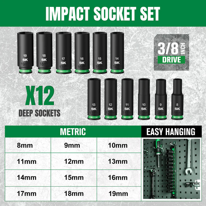 SK 12-Piece 3/8" Drive Deep Metric Impact Socket Set