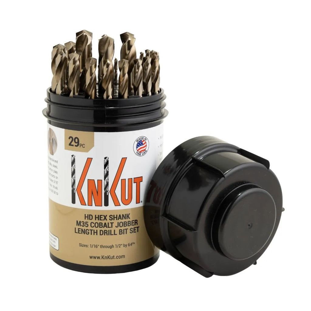 KnKut 29 Piece Drill Buddy HD Hex Shank M35 Cobalt Jobber Length Drill Bit Set 1/16"-1/2" by 64ths