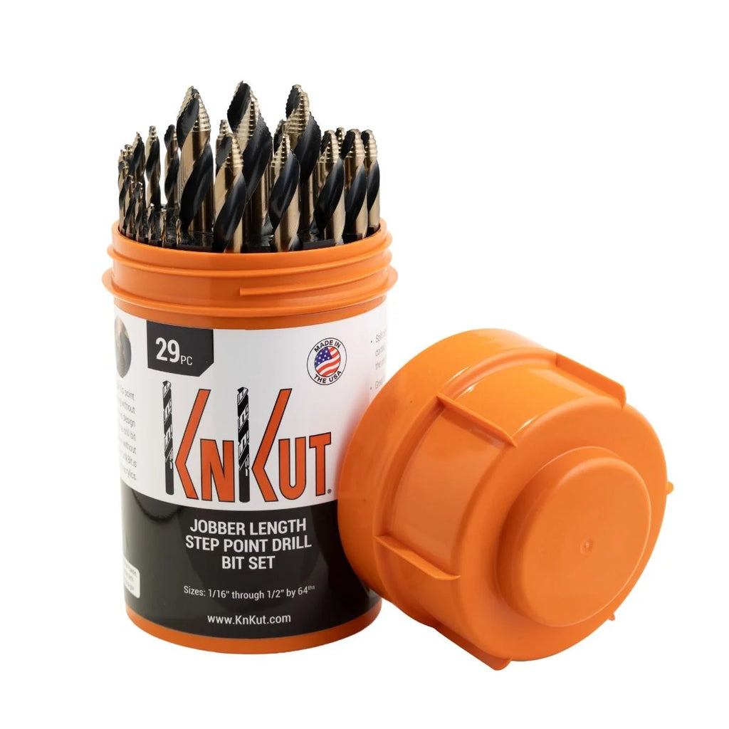 KnKut 29 Piece Drill Buddy Mechanics Length Step Point Drill Bit Set 1/16"-1/2" by 64ths