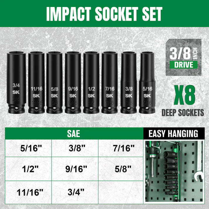 SK 8-Piece 3/8" Drive Deep SAE Impact Socket Set