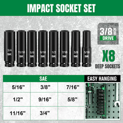 SK 8-Piece 3/8" Drive Deep SAE Impact Socket Set
