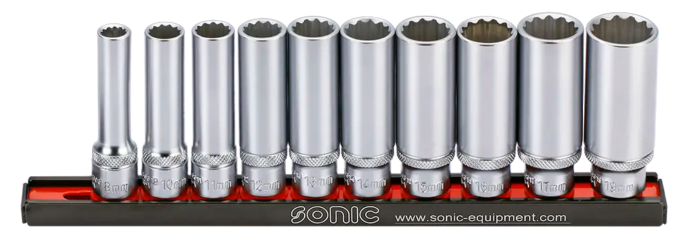 Flank Socket Set Deep on rail, 3/8", 12pt., 10pcs