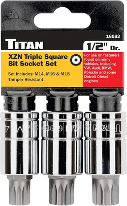 Titan 16083 3-Piece 1/2 in. Drive Tamper-Res XZN Bit Socket Set