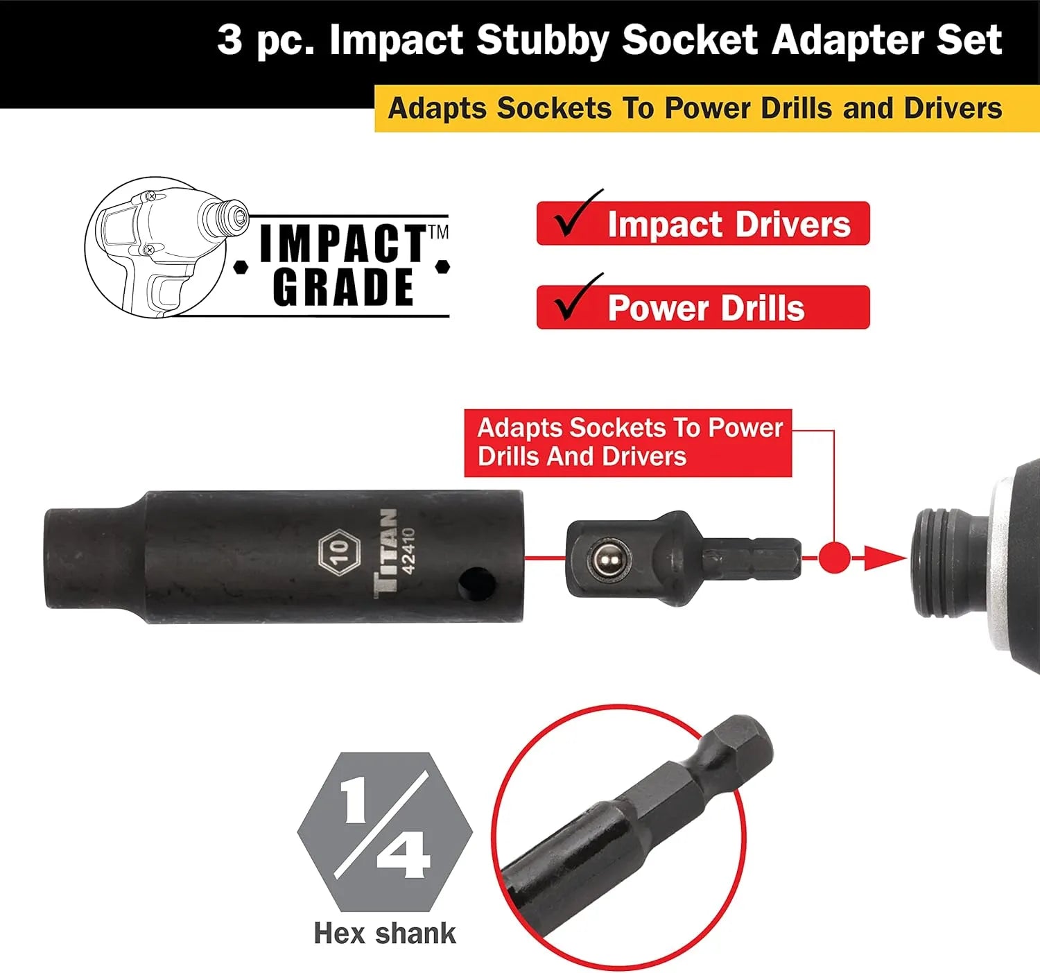 Titan 12061 3-Piece Stubby Impact Socket Adapter Set