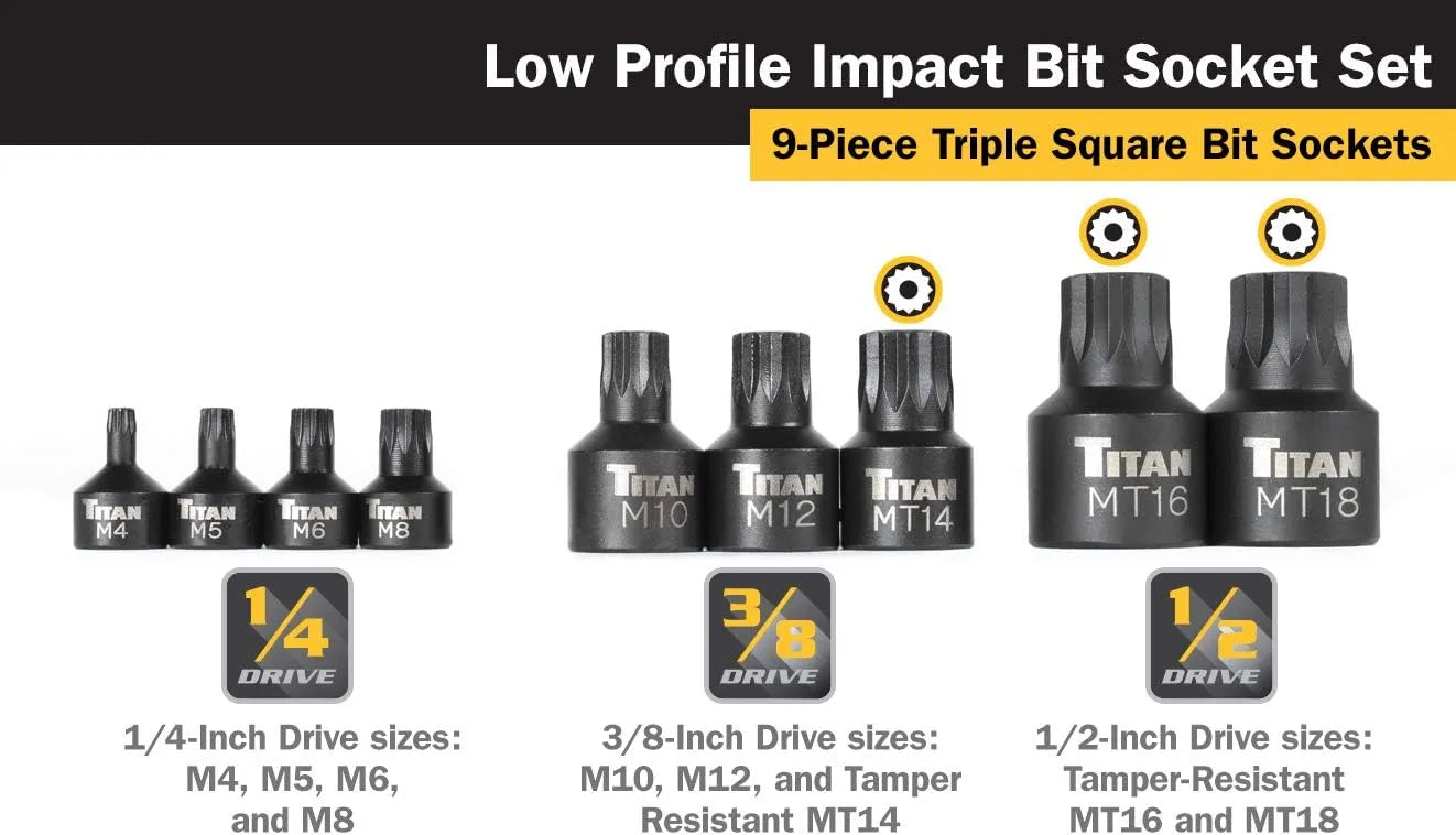 Titan 16138 9-Piece Stubby XZN Triple Square Impact Bit Socket Set