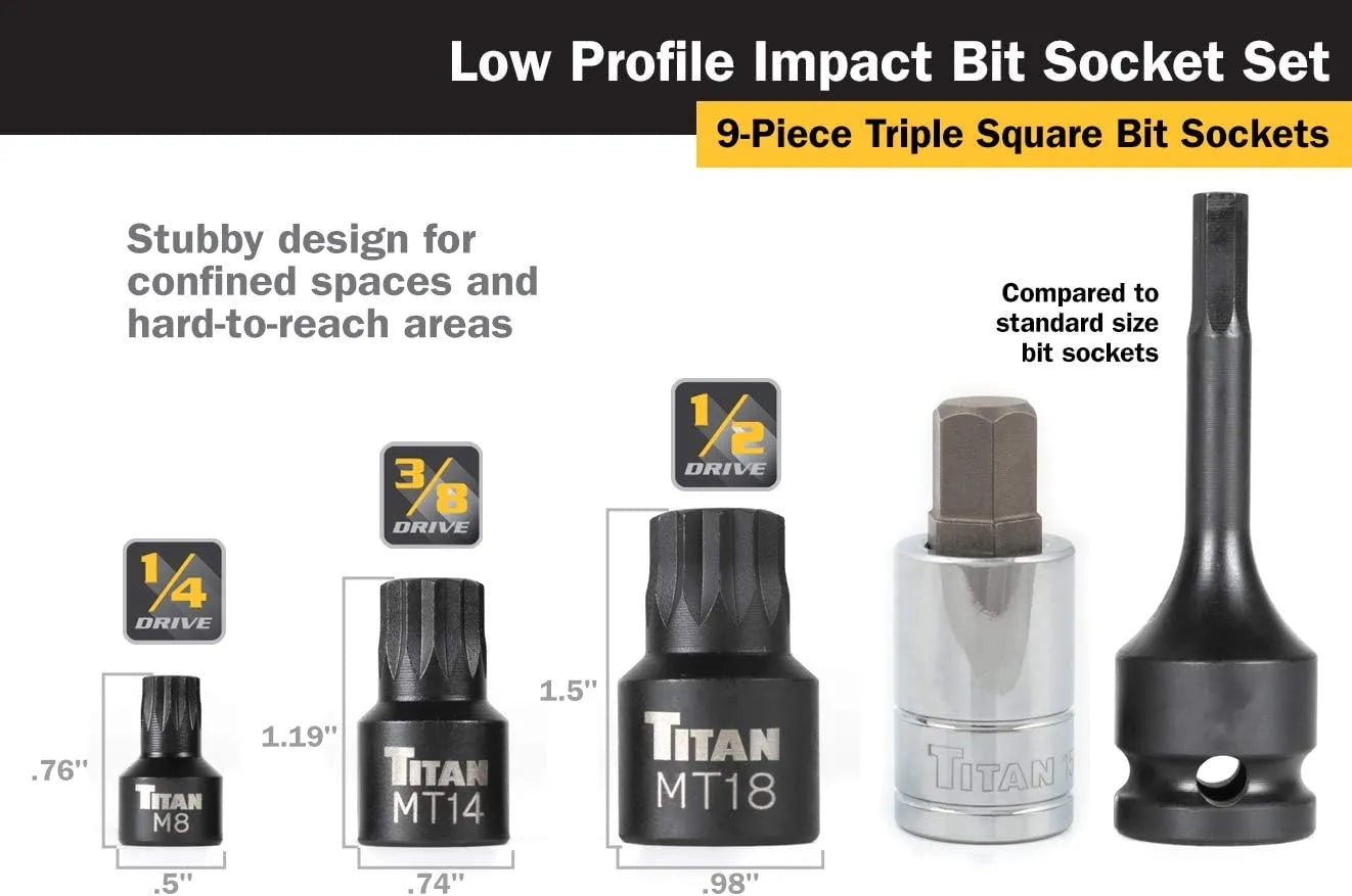 Titan 16138 9-Piece Stubby XZN Triple Square Impact Bit Socket Set