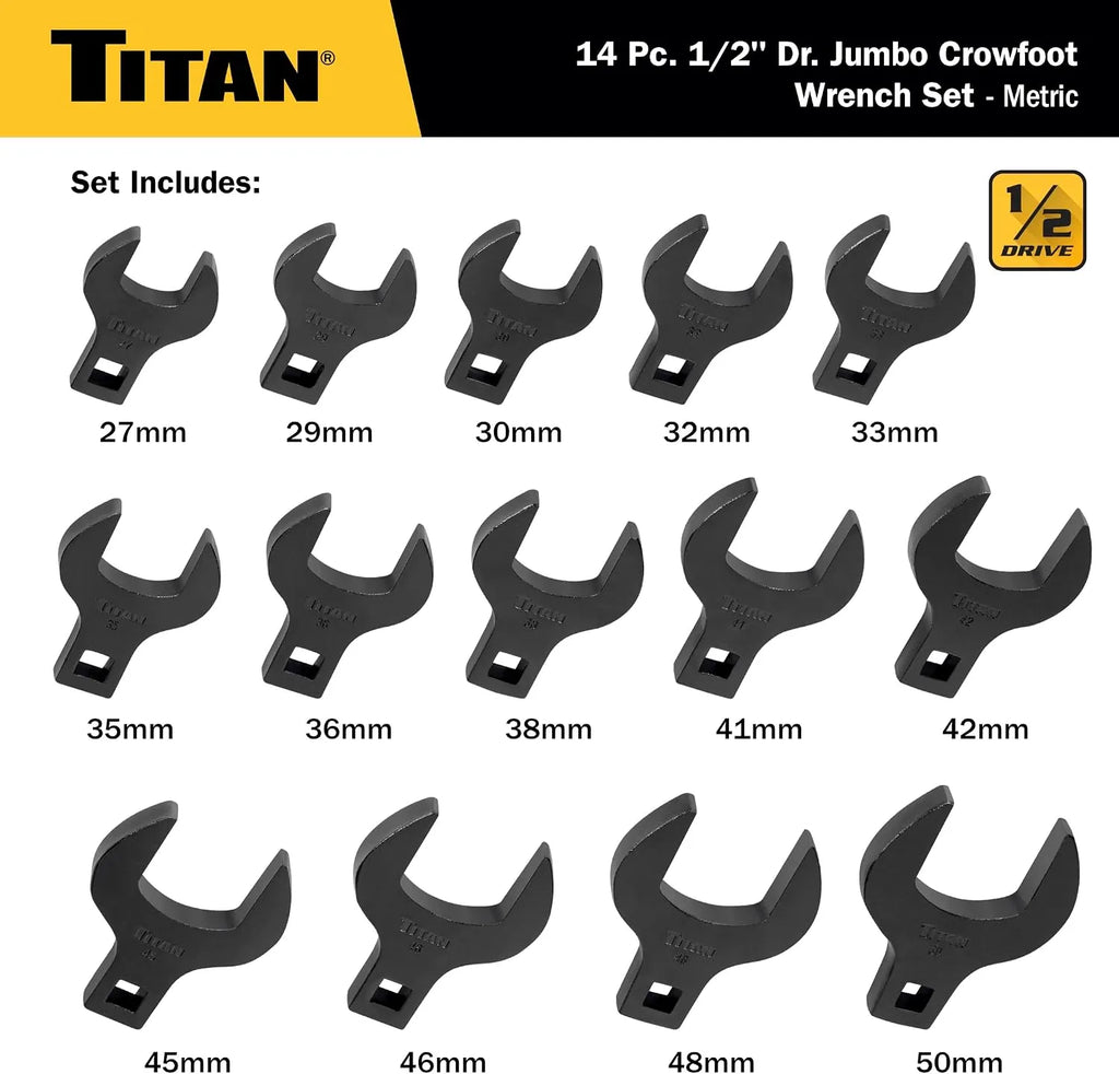 Titan 17299 14-Piece 1/2-Inch Drive Metric Jumbo Crowfoot Wrench Set