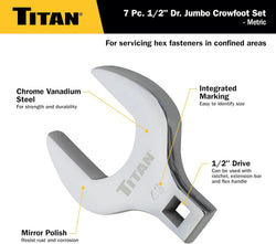 Titan 17670 7-Piece 1/2-Inch Drive Metric Jumbo Crowfoot Wrench Set