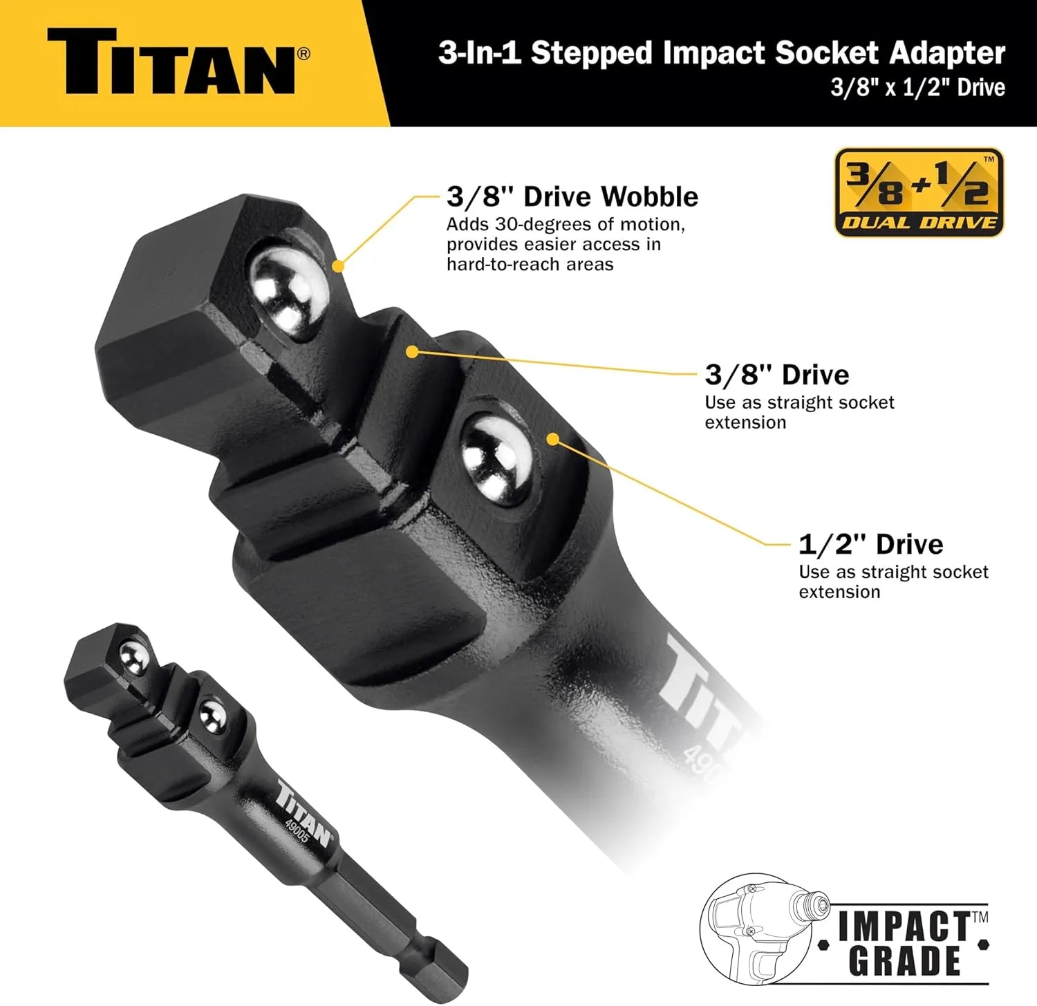 Titan 49005 3/8 & 1/2" Drive 3-in-1 Stepped Impact Socket Adapter
