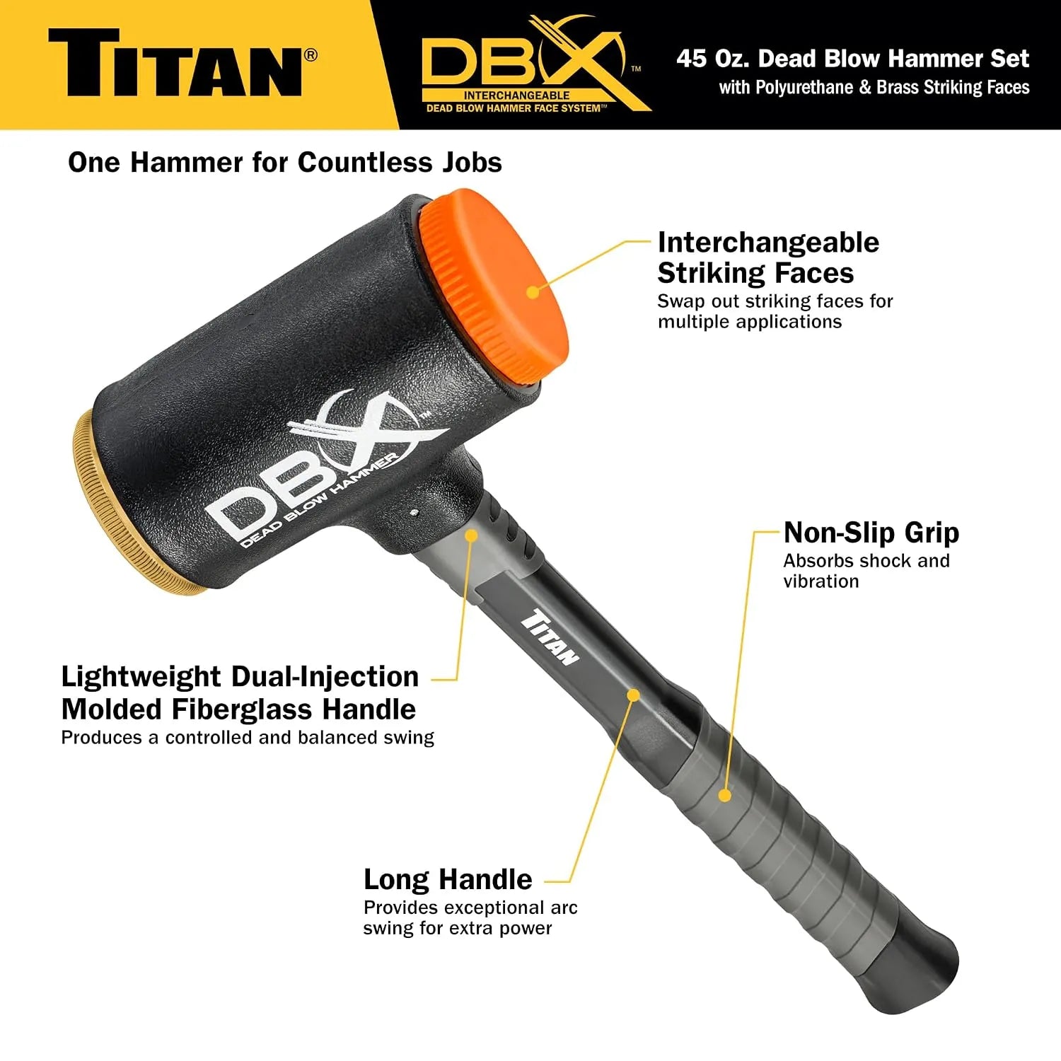 Titan 63647 DBX 45 oz Dead Blow Hammer with Polyurethane & Brass Faces
