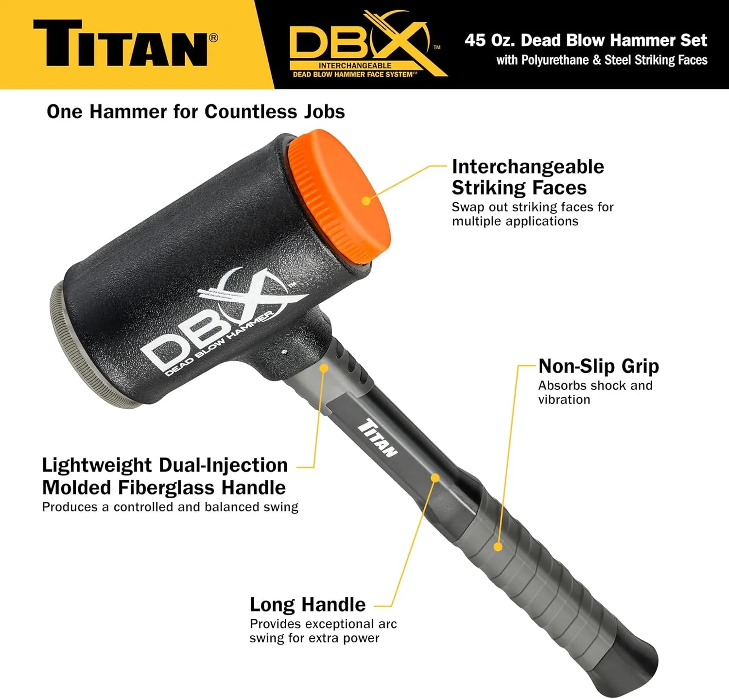Titan 63649 DBX 45 oz Dead Blow Hammer with Polyurethane & Steel Faces