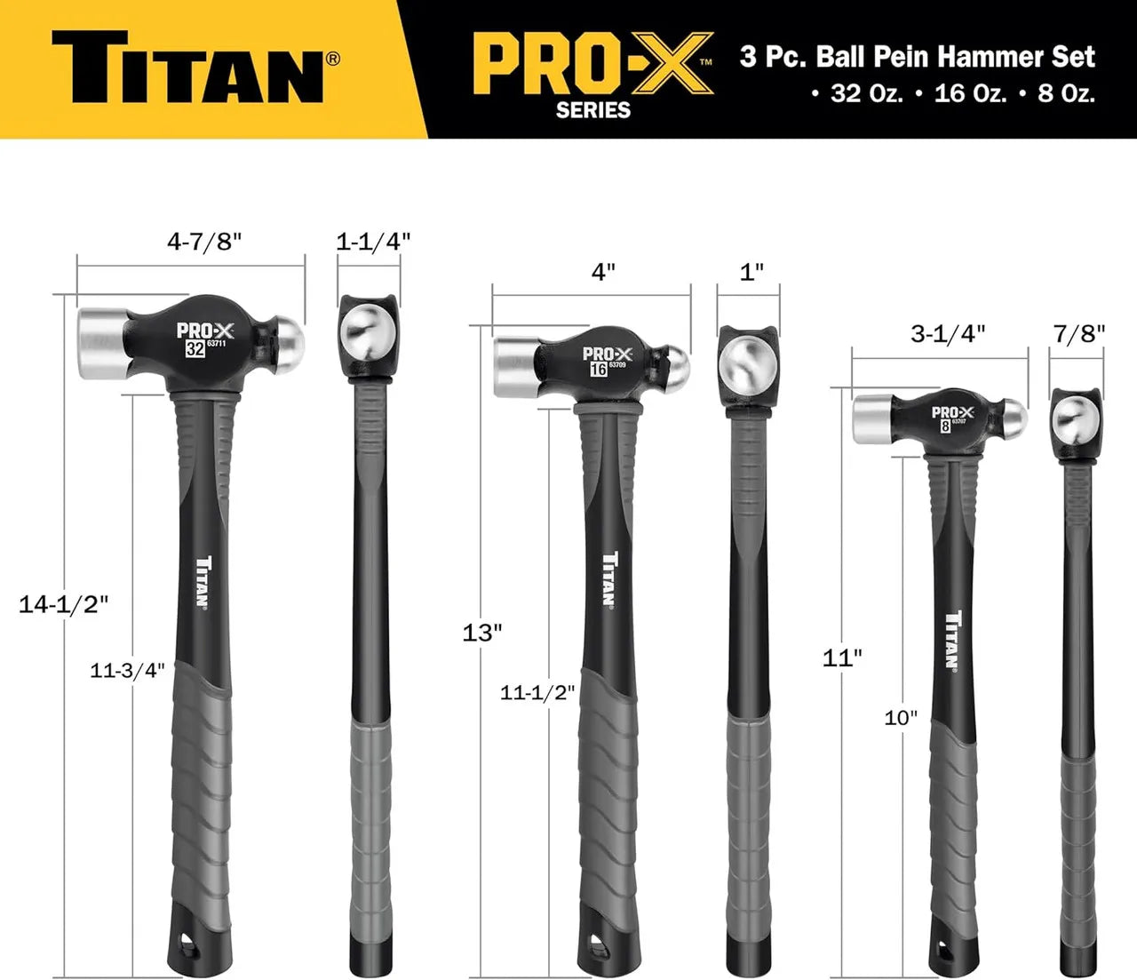 Titan 63706 3-Piece Pro-X Ball Pein Hammer Set