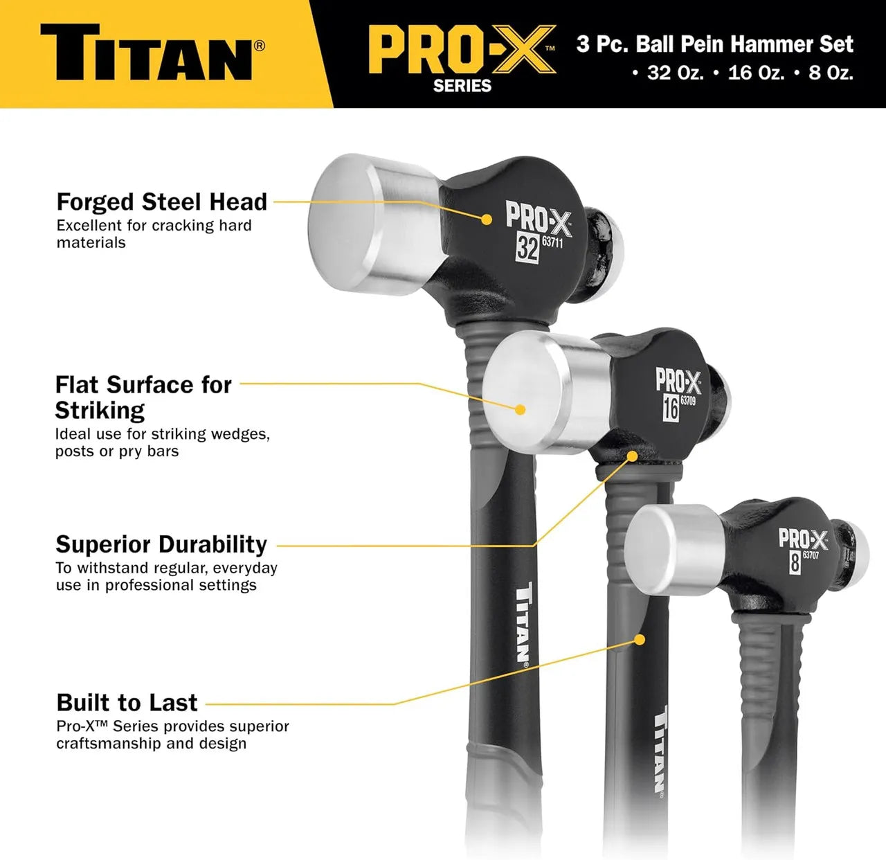 Titan 63706 3-Piece Pro-X Ball Pein Hammer Set