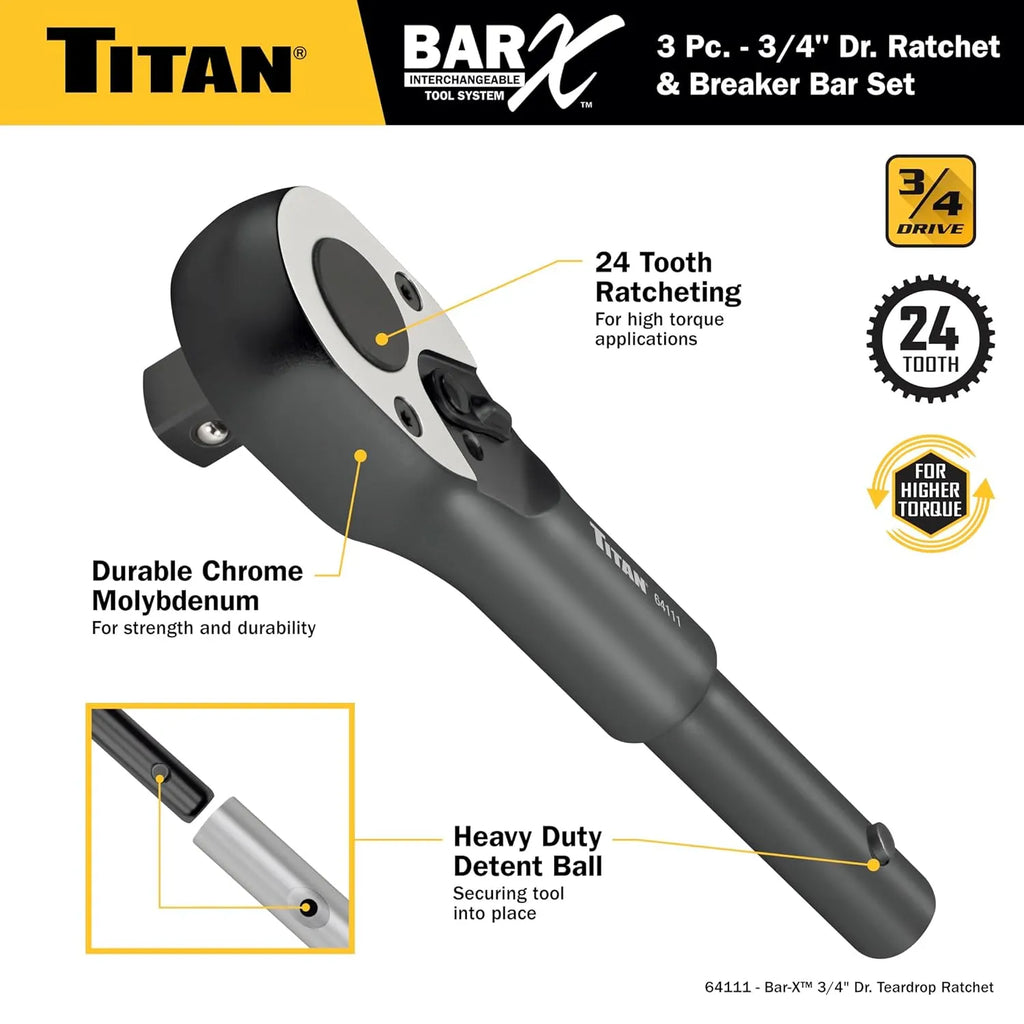 Titan 64143 Bar-X 3-Piece 3/4-Inch Drive Ratchet & Breaker Bar Set
