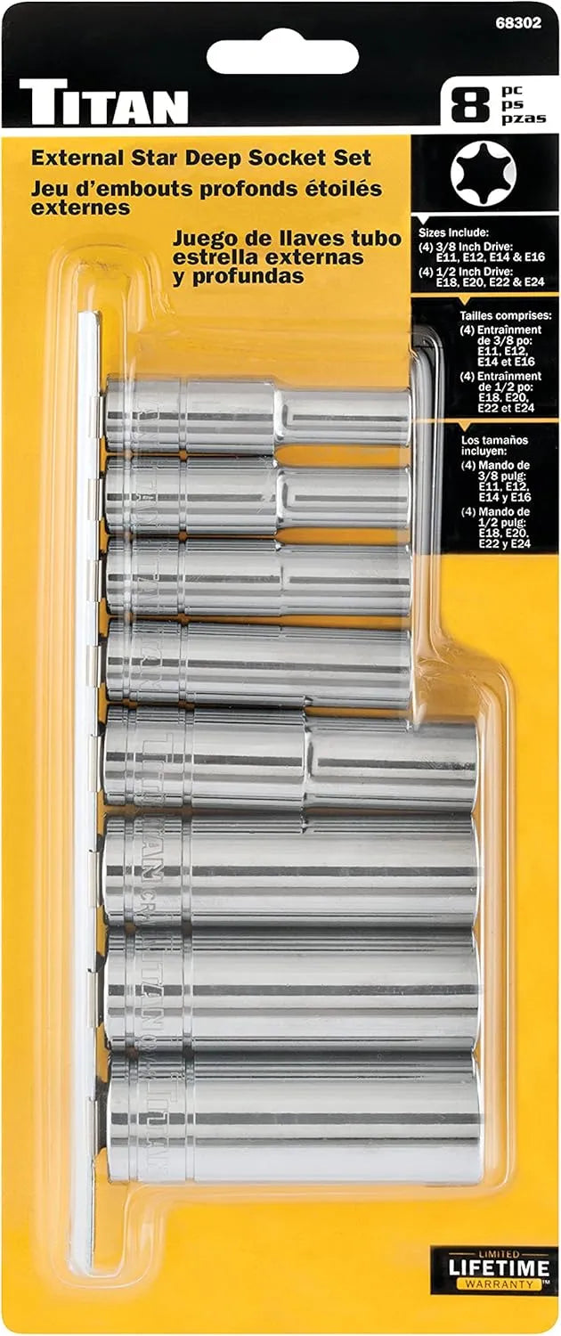Titan 68302 8-Piece 3/8 in. & 1/2" Drive External Star Deep Sockets