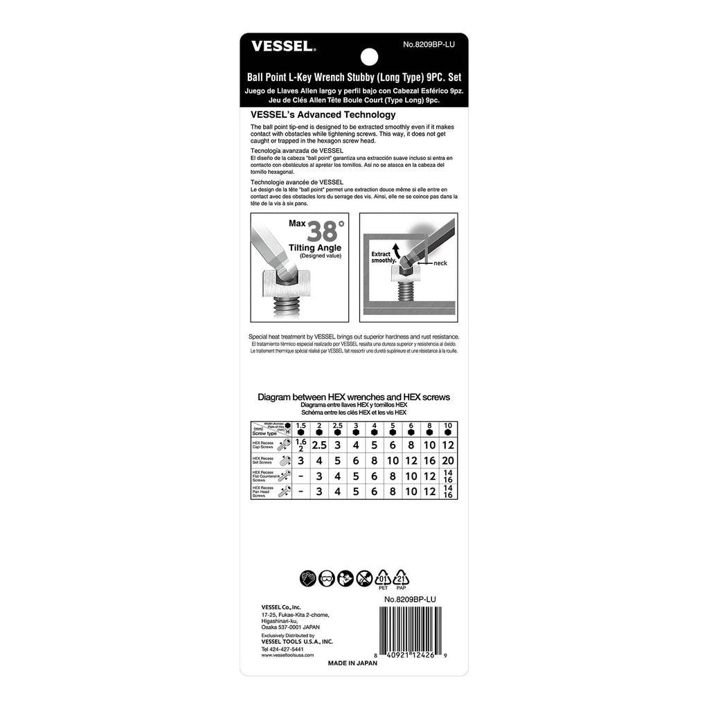 Ball Point Hex L-Key Wrench Stubby (Long Type) 9PC. Set