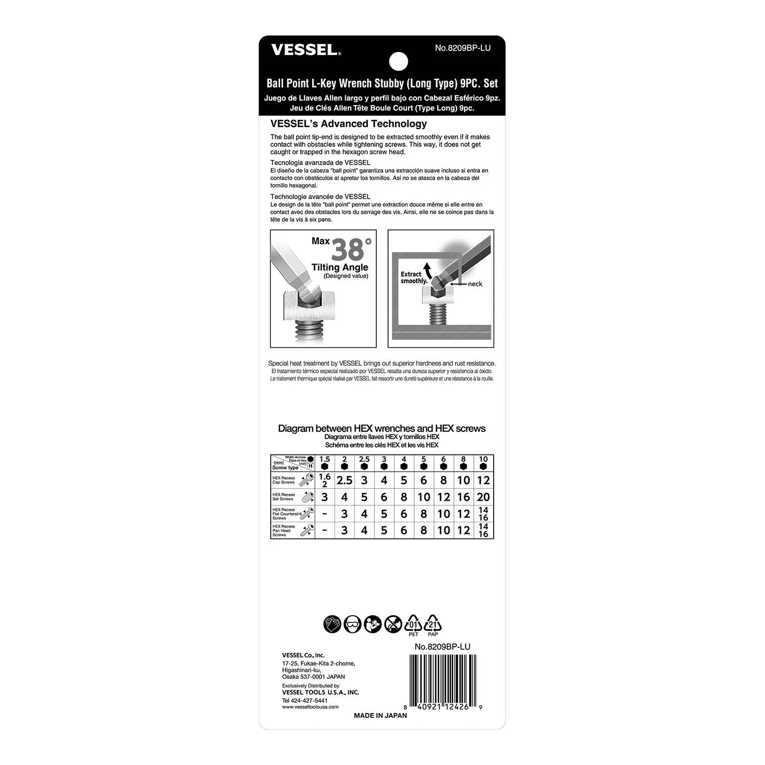 Ball Point Hex L-Key Wrench Stubby (Long Type) 9PC. Set