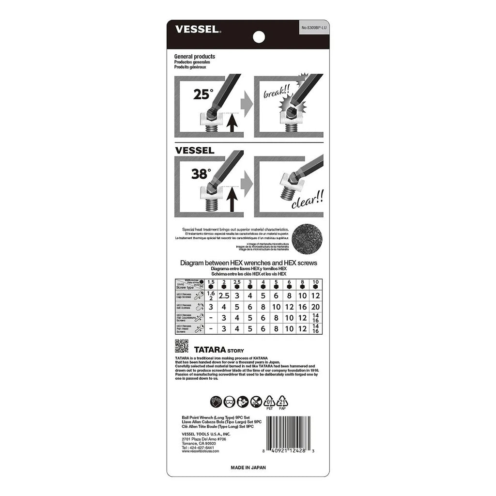 Ball Point Hex L-Key Wrench (Long Type) 9PC. Set