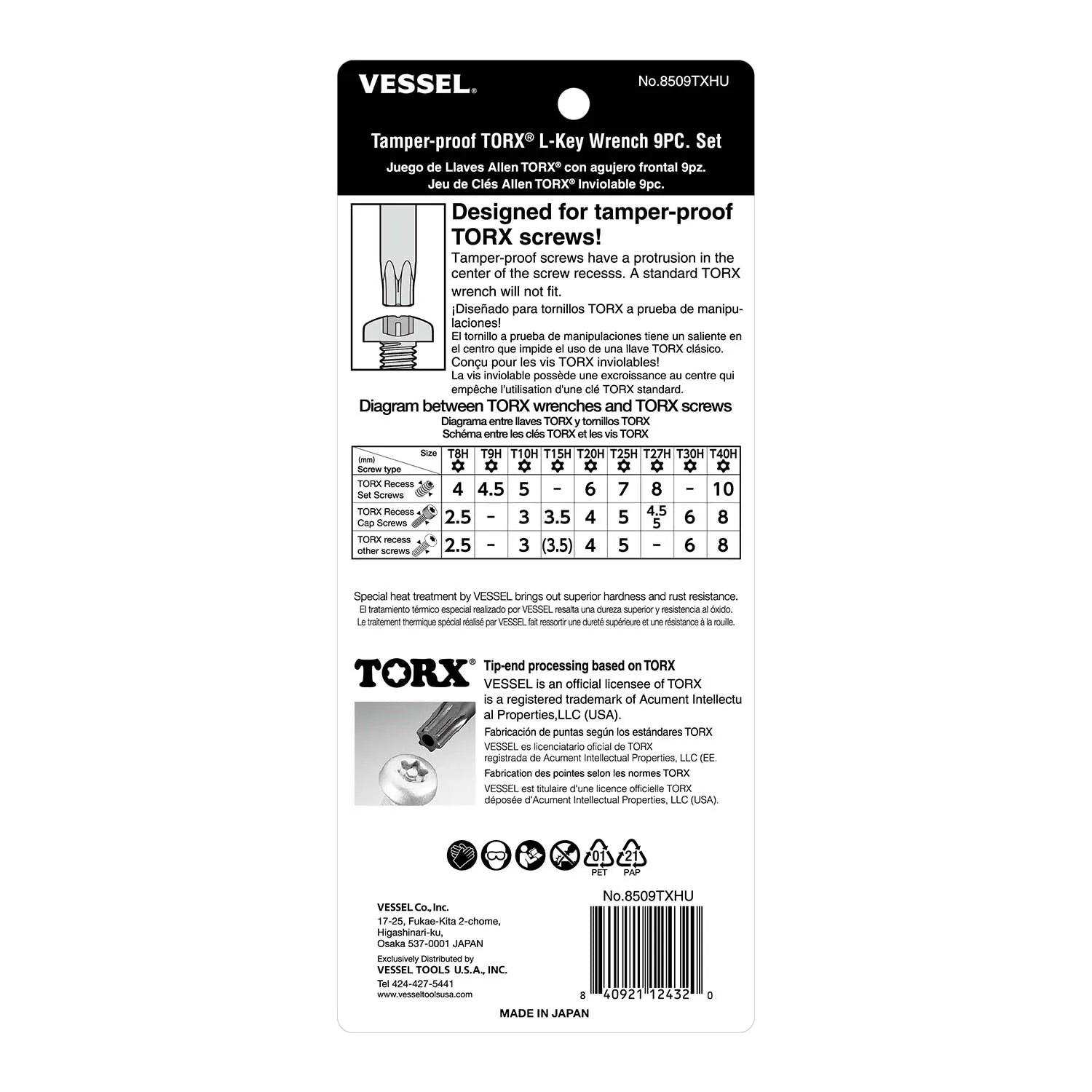 Tamper-proof Torx L-Key Wrench 9PC. Set