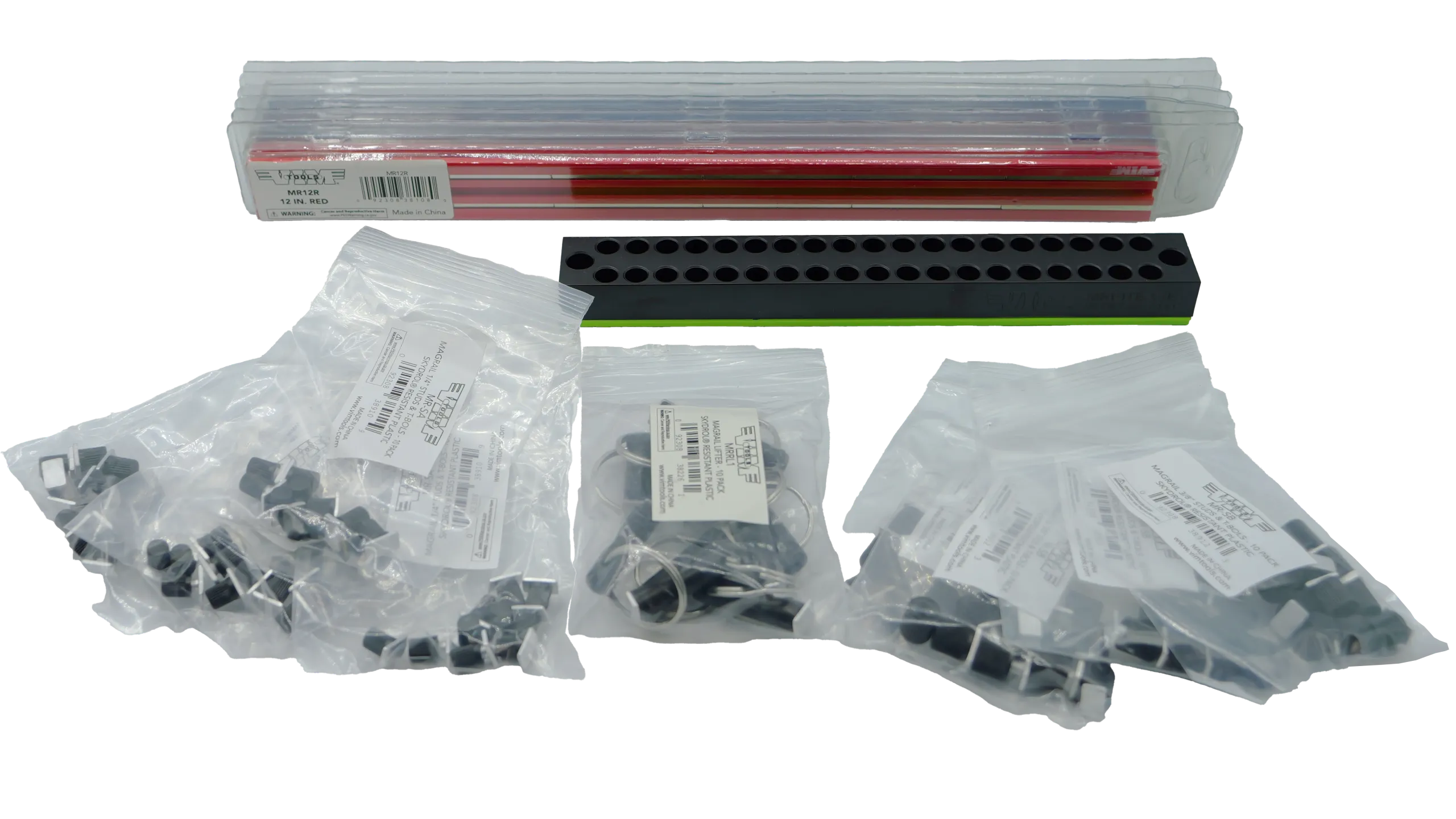 10pc MAGRAIL Jobber Pack, includes (6) 12" Magrails, (3) 1/4" peg packs and (3) 3/8", (2) packs of studs, rail  lifters and a bit base