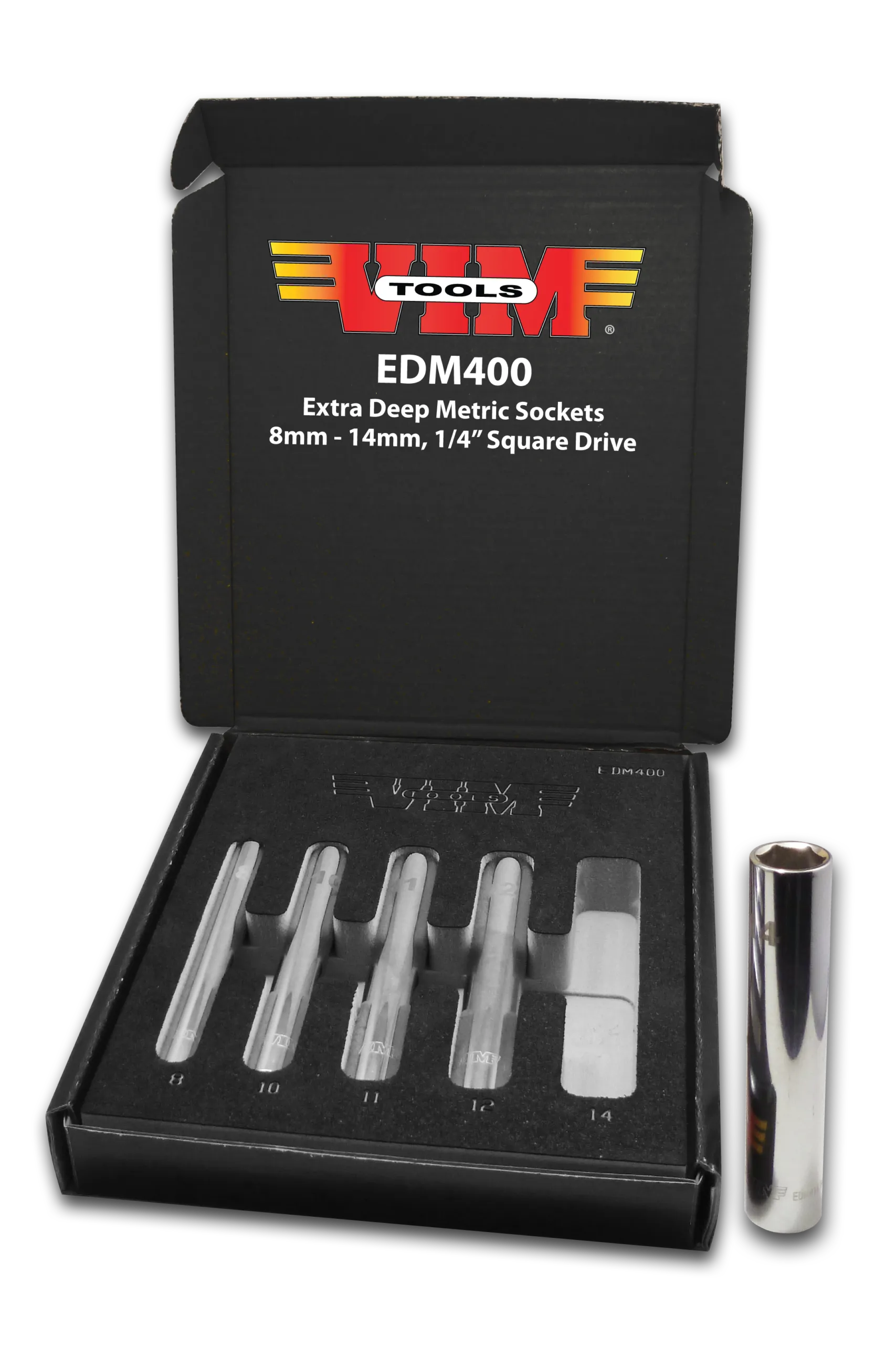 Extra Deep Metric Sockets  8m,10m,11m,12m, & 14m, 4" OAL, 1/4" Sq. Dr.