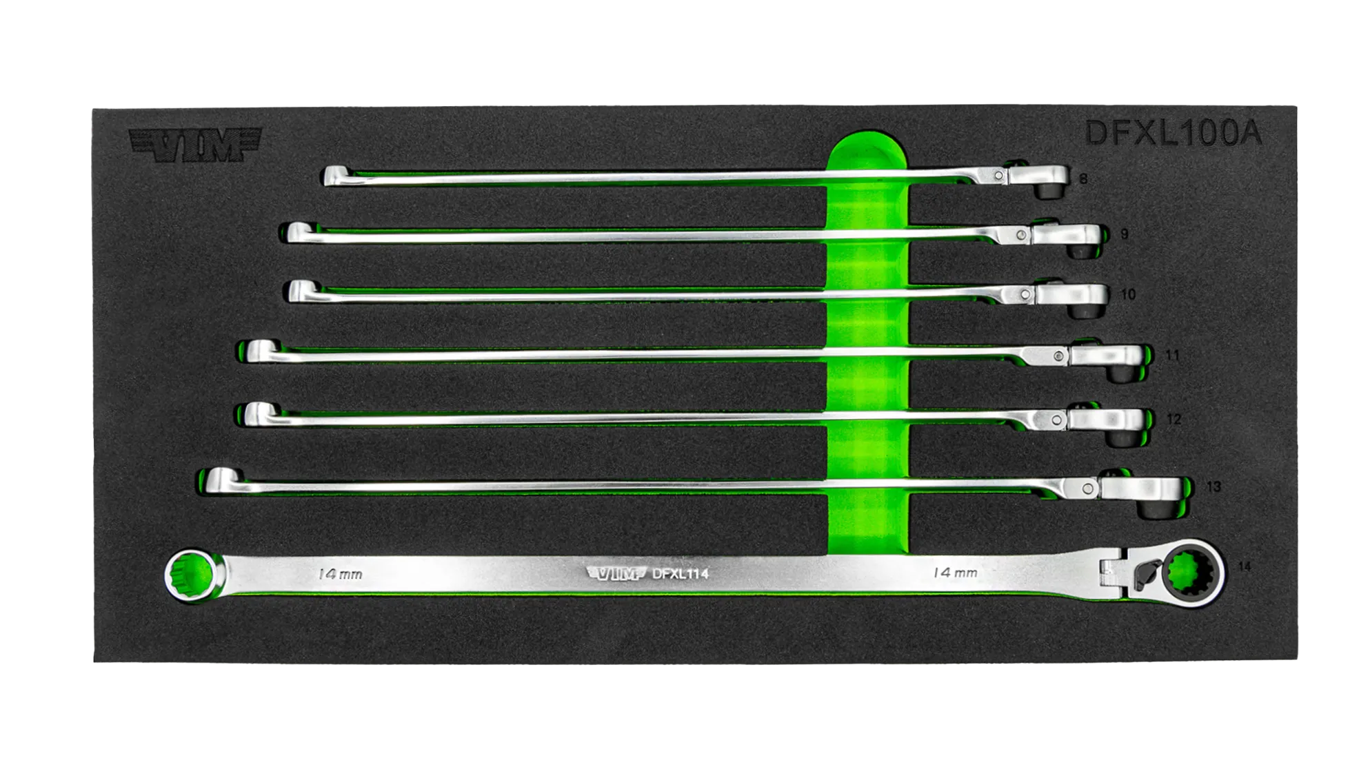 7 PC. DEEP SPLINE FLEX HEAD RATCHETING XL WRENCH SET, METRIC, INCLUDES: 8MM - 14MM
