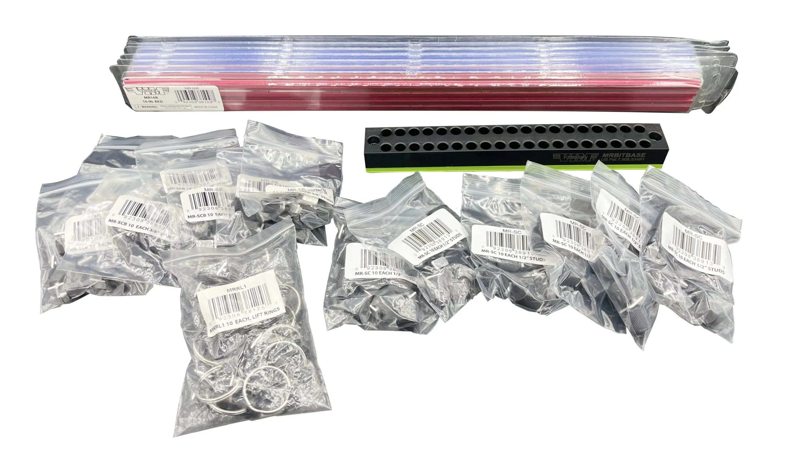 10pc MAGRAIL Jobber Pack, includes (6) 16" Magrails, (3) 1/2" peg packs and (3) 3/8", (2) packs of studs, rail  lifters and a bit base