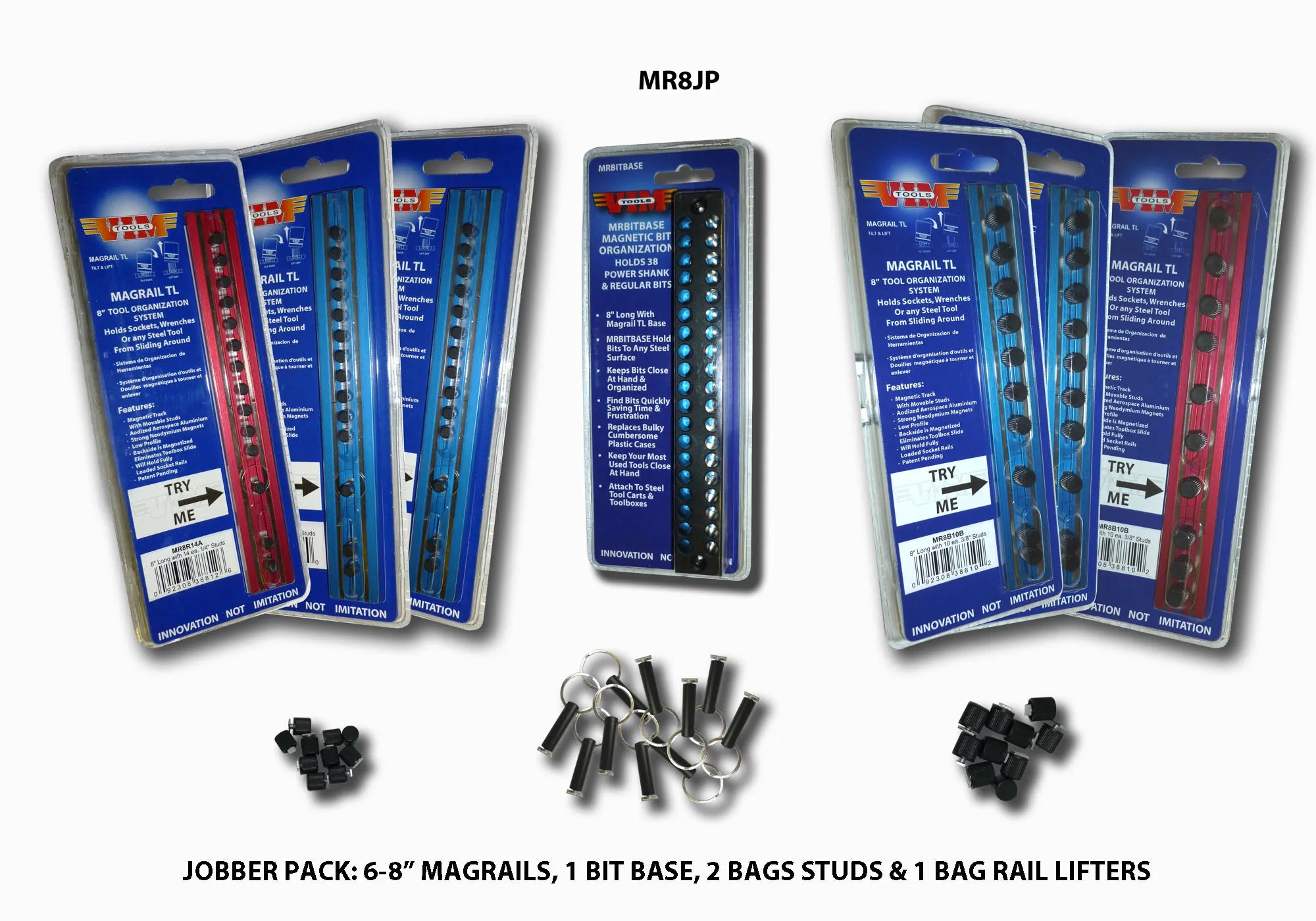 MAGRAIL Jobber Pack, 10 pc includes (6) 8" Magrails, (3) 1/4" and (3) 3/8", (2) packs of studs, rail  lifters and a bit base