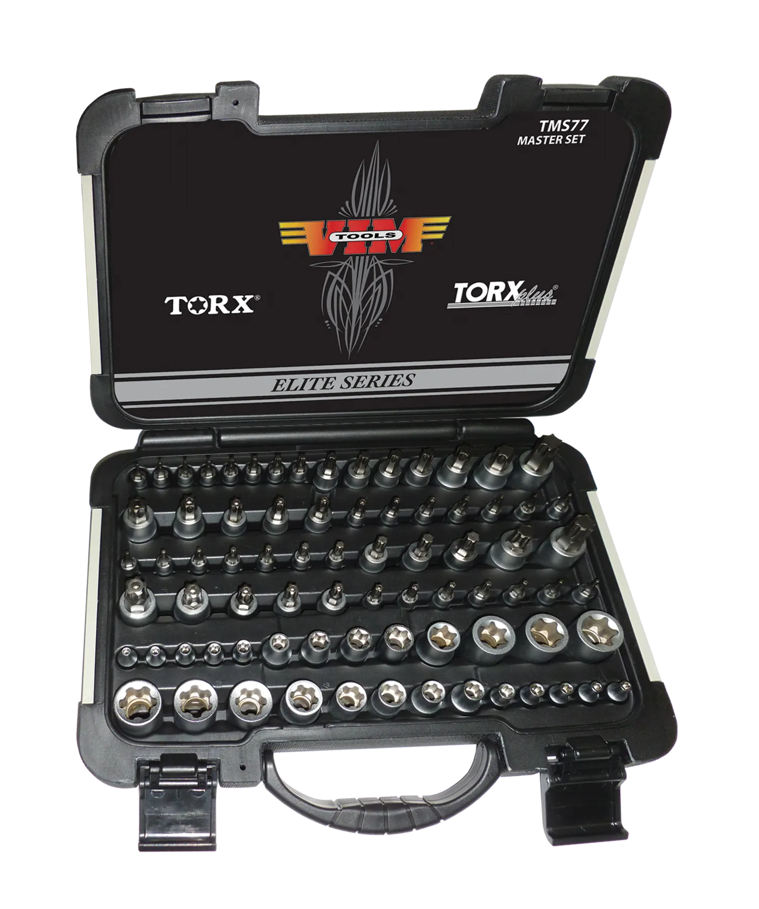 Master TORX Driver Set 77pc, All Torx, and Torx Plus Drivers and Sockets, includes Torx, Torx TP, Torx Plus 6 point, Torx Plus 5 point, and Torx and Torx Plus Sockets. Satin chrome Sockets and Bit Holders with Gun Metal Gray bits, all S2 Steel, Deluxe ...