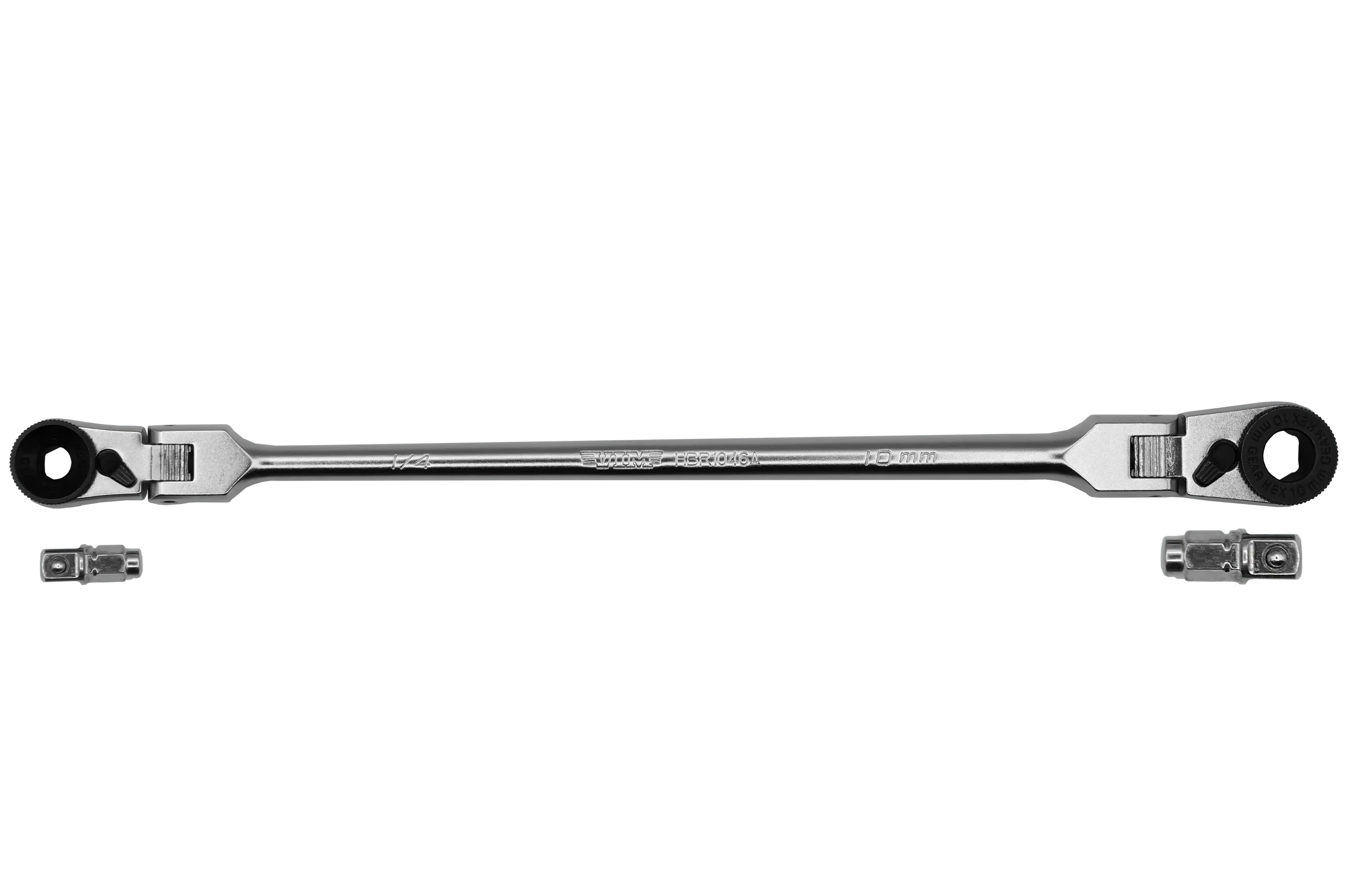 1/4’’ X 10MM DOUBLE INDEXING FLEX HEAD BIT RATCHET, 10’’ OAL, INCLUDES 1/4’’ & 3/8’’ SQ. DR. ADAPTERS