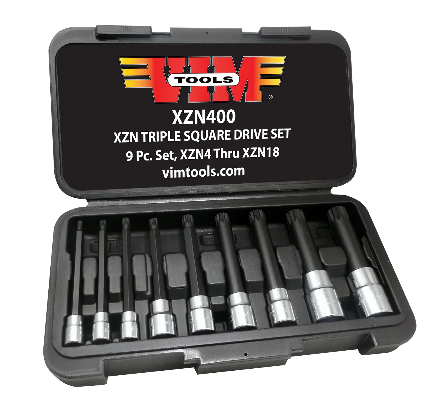 XZN Triple Square Long Bit Set 9 pc. set, XZN4 thru XZN18 Drivers, black S2 drive bits with Ni-Cr Bit Holders 4" Long, Packaged in a bLow mold box with window. Vim Brand with Color Sleave